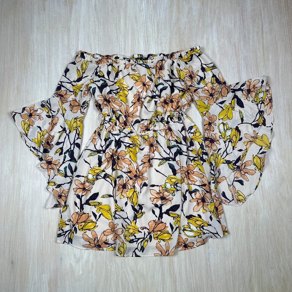 Lulus Floral Off Shoulder Bell Sleeve Yellow Orange White Boho Mini Dress M